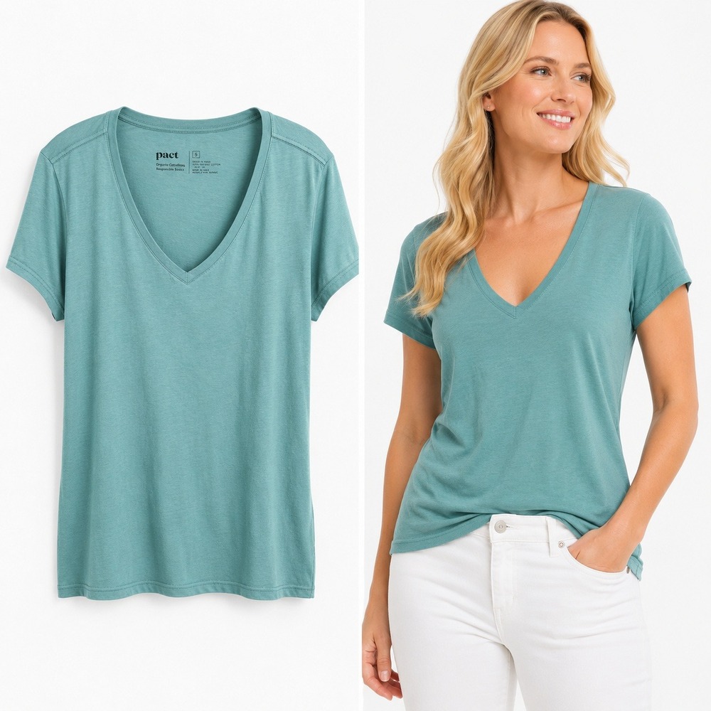 Pact Womens Organic Cotton V-Neck T-Shirt Teal Green Short Sleeve Size S